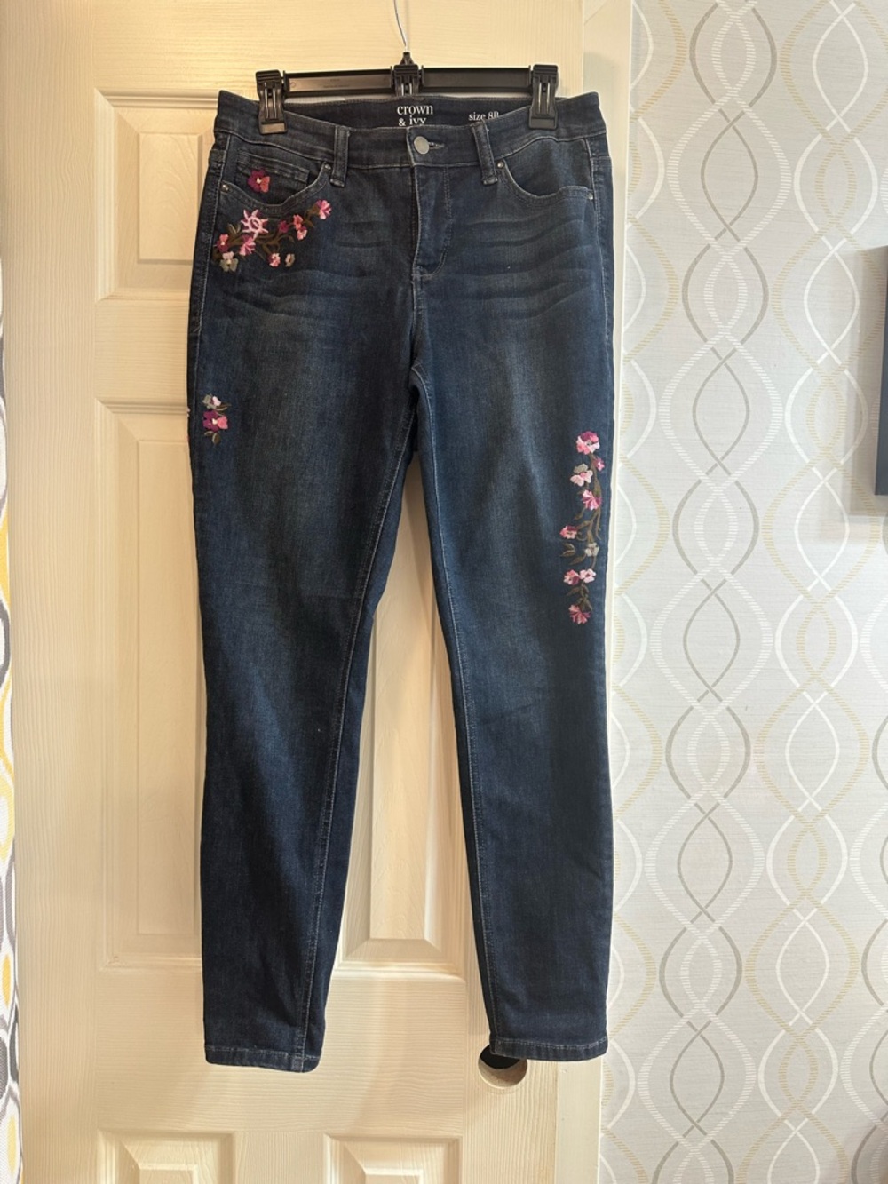 Crown Dark Blue Skinny Jeans with Pink Floral Embroidery